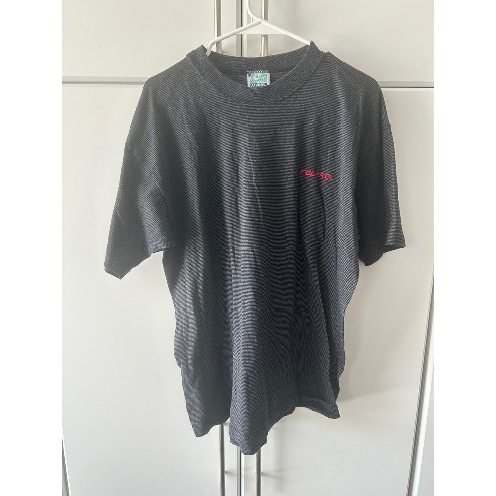 Vintage LA Loving Fel-Pro Striped T-Shirt Mens XL Grey Made in USA Automotive